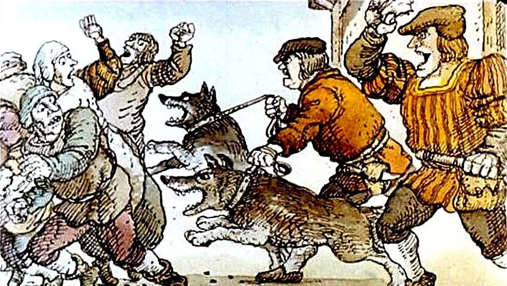 O ilustrație de luptă între oameni și câini, arătând o scenă agitată, cu câțiva bărbați care se implică în confruntare.