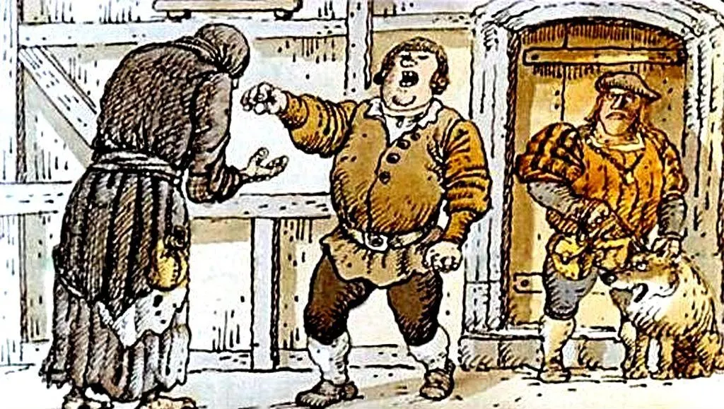 Ilustrație cu trei personaje: un bărbat într-o robă întunecată, un bărbat în haine deschise care gesticulează și un al treilea bărbat în haine colorate, cu un câine lângă el.