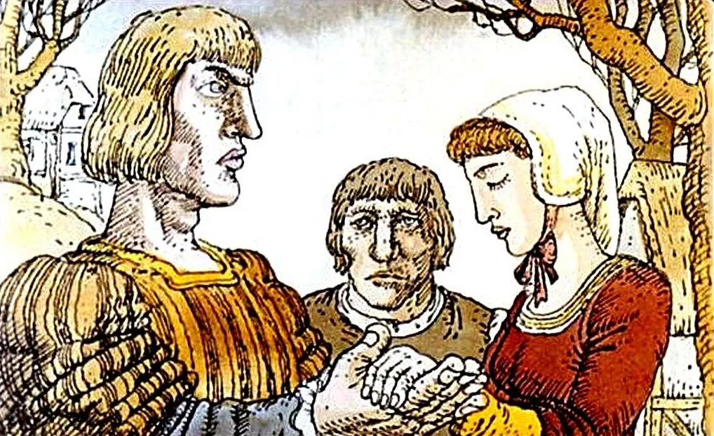 Ilustrație artistică cu trei personaje în peisaj rural, doi bărbați și o femeie, interacționând între ei.