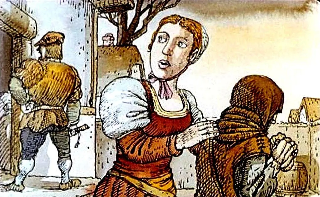 Ilustrație cu trei personaje în costume medievale, unul dintre ele întorcându-se cu surprindere spre un alt personaj care se uită în direcția sa, iar cel de-al treilea personaj este aplecat, posibil implicat în o activitate. Fundalul sugerează o scenă de sat.