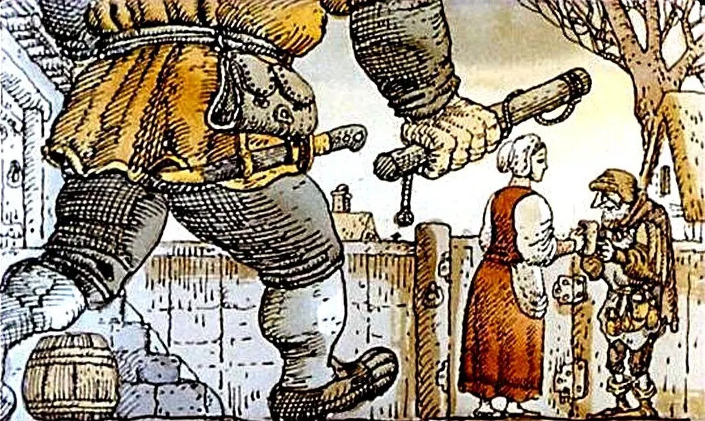 O ilustrație colorată cu un gigant care se îndreaptă spre niște oameni, în timp ce aceștia interacționează la o poartă.