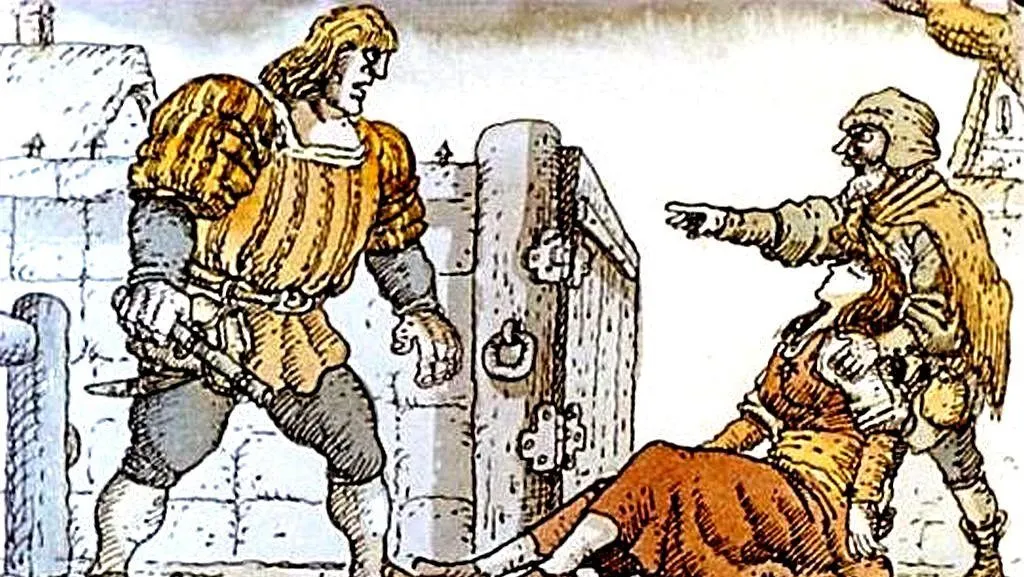 Ilustrație cu un bărbat puternic în costume medievale, un alt bărbat îmbrăcat în armură spunând ceva, și o femeie căzută pe jos.