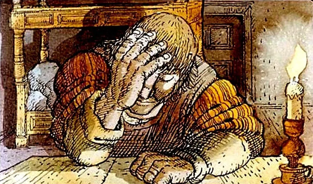 Un bărbat cu capul plecat, cu o mână pe frunte, se află într-o cameră iluminată de o lumânare.