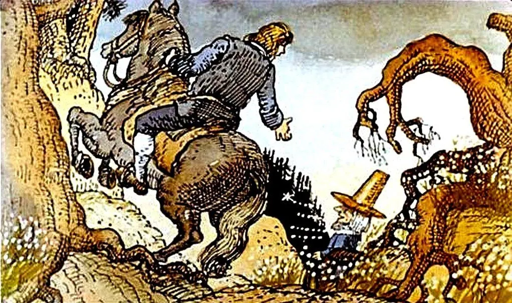 Ilustrație care arată un bărbat călare pe un cal, îndreptându-se spre o zonă cu arbusti și un copac ciudat, cu un bărbat în spate purtând o pălărie înalta.