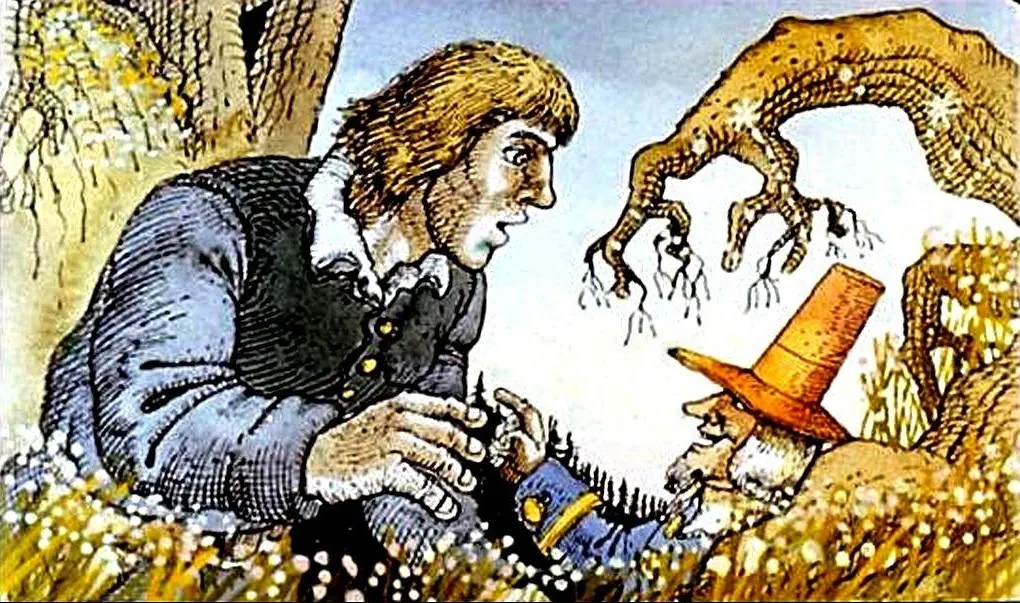 Ilustrație cu două personaje într-o pădure, unul înalt și unul mic, interacționând.