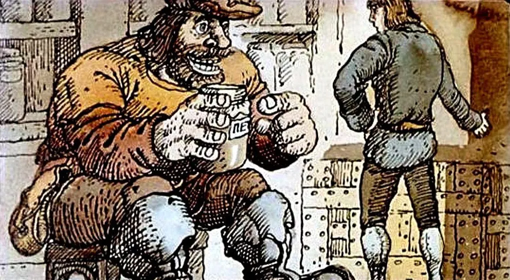 Ilustrație cu un personaj zâmbitor ținând o cană, alături de un alt personaj într-o încăpere.