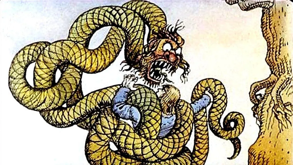 Ilustrație colorată cu un bărbat cu o expresie furioasă, îmbrăcat în haine albastre, prins într-un șarpe gigantic, de culoare galbenă, înconjurat de un peisaj simplu.