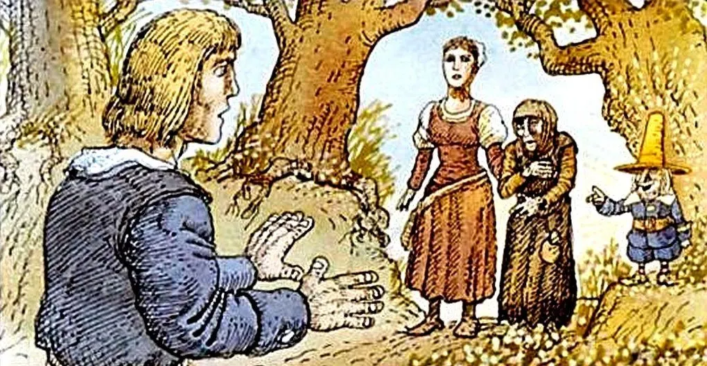 Ilustrație colorată cu patru personaje în pădure, unul dintre ele gesticulând, în timp ce celelalte privesc cu interes.