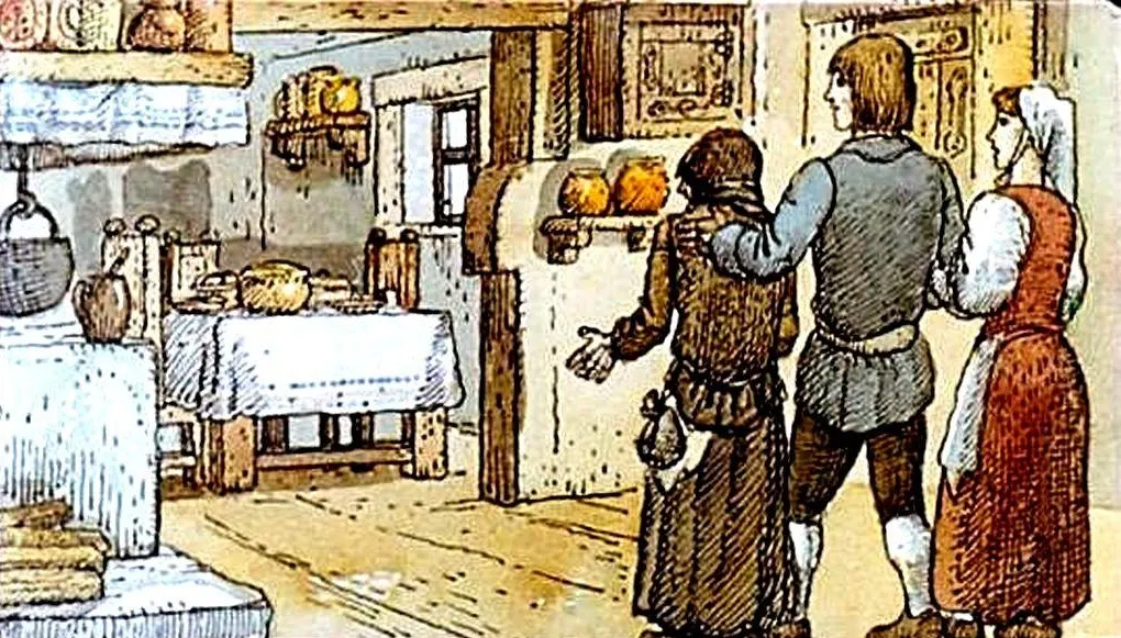 Ilustrație a unei bucătării tradiționale, cu un grup de personaje interacționând într-un cadru rustic.