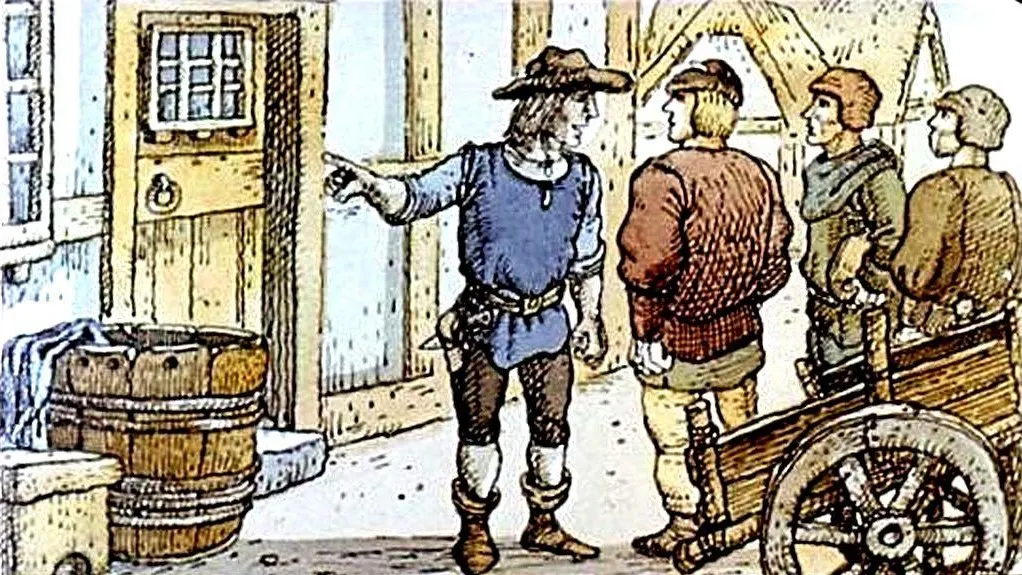 Ilustrație cu patru oameni într-un decor tradițional, discutând, în fața unei uși și a unui cărucior.