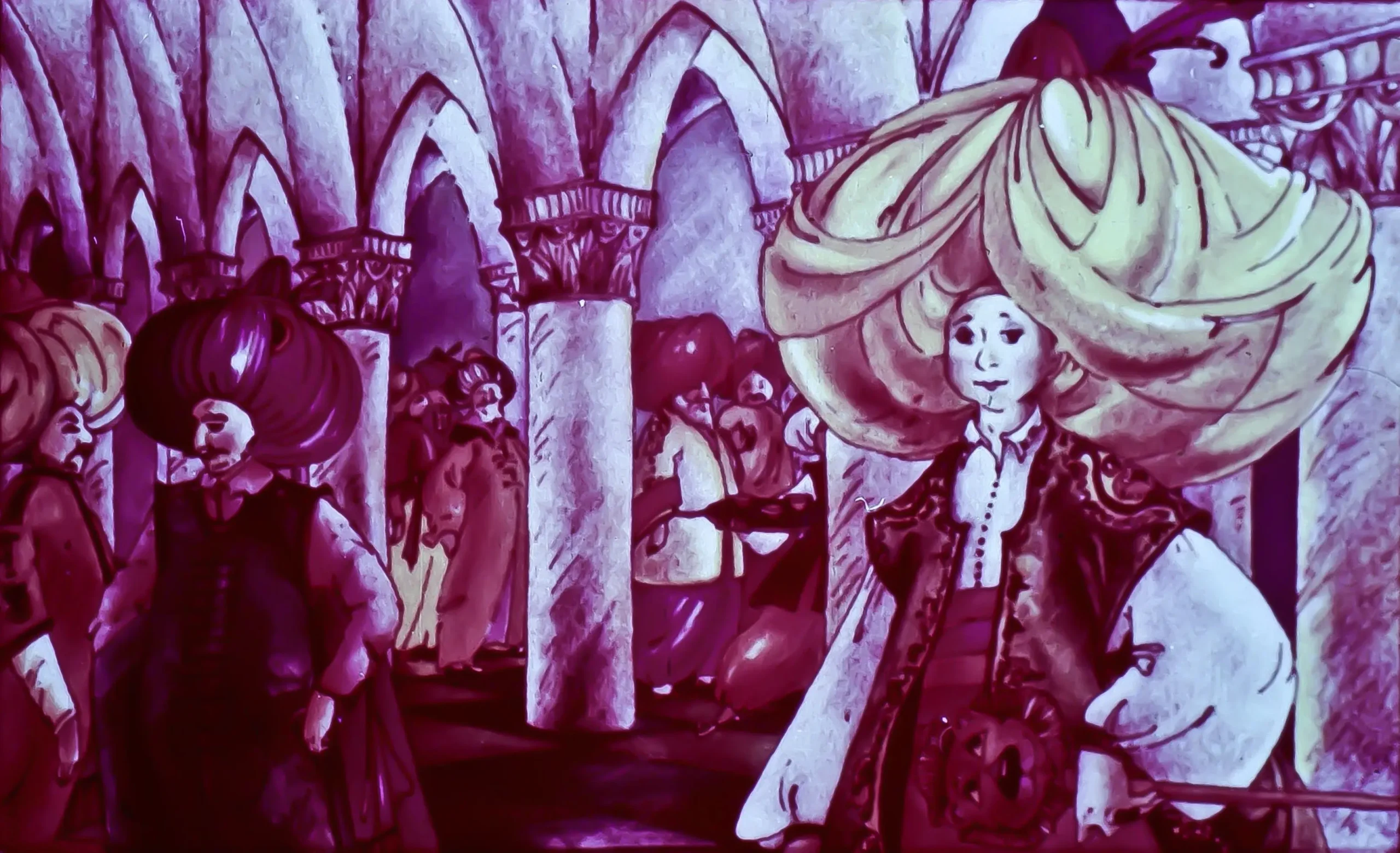 Ilustrație cu personaje purtând costume tradiționale și coafuri elaborate, lucru într-o atmosferă de piață în stil oriental, cu arcade și coloane în fundal.