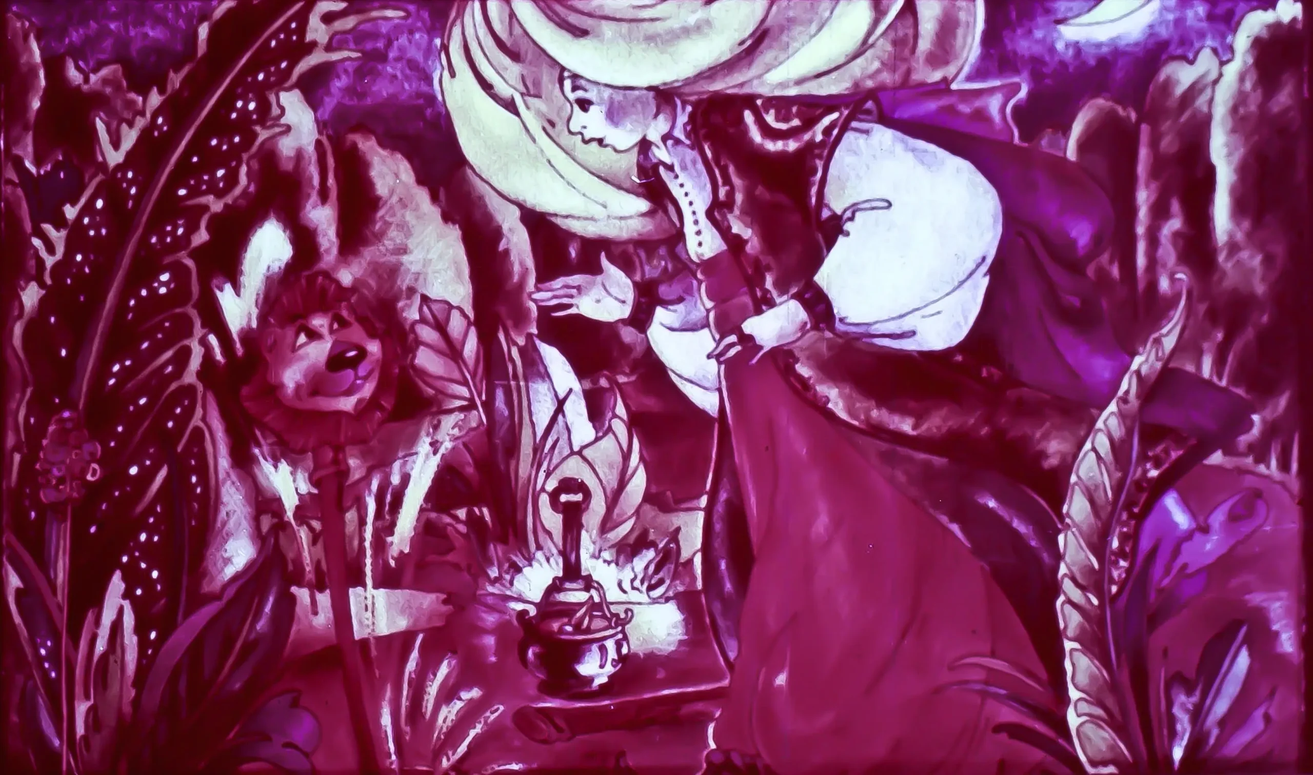 Ilustrație colorată care prezintă o femeie cu o pălărie mare, interacționând cu un leu într-un peisaj bogat în vegetație.