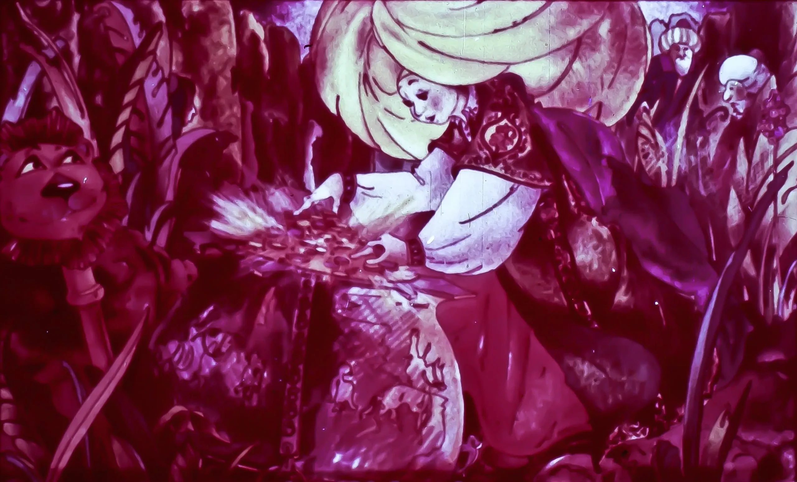 O ilustrație artistică cu o figură feminină care culege flori într-un peisaj plin de vegetație, evidențiind culori vii și detalii intricate.