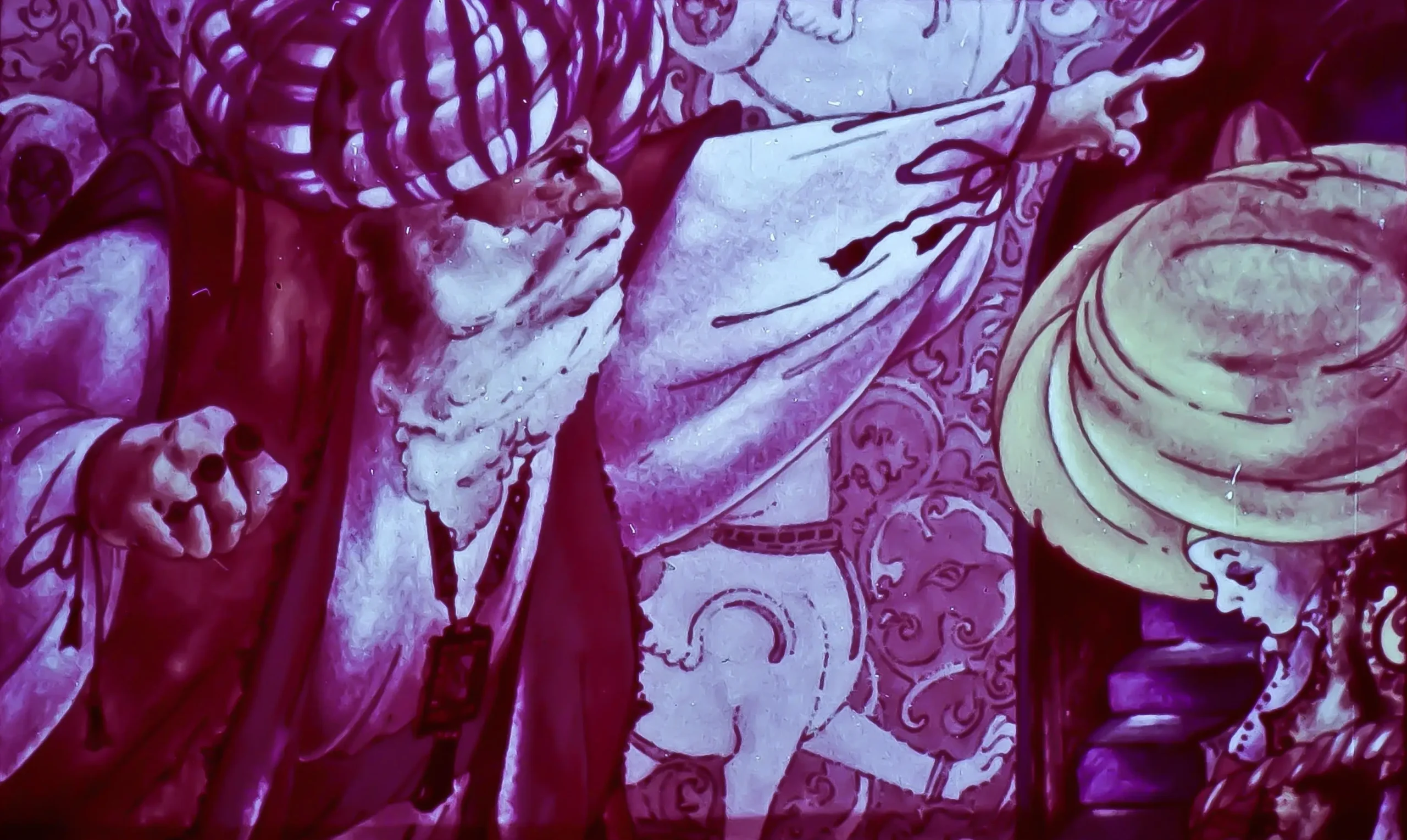 O ilustrație colorată care prezintă două personaje într-un stil artistic viu, unul având o barbă lungă și o pălărie distinctivă, iar celălalt purtând o pălărie rotundă, iar liniile de contur și culorile sunt pronunțate.