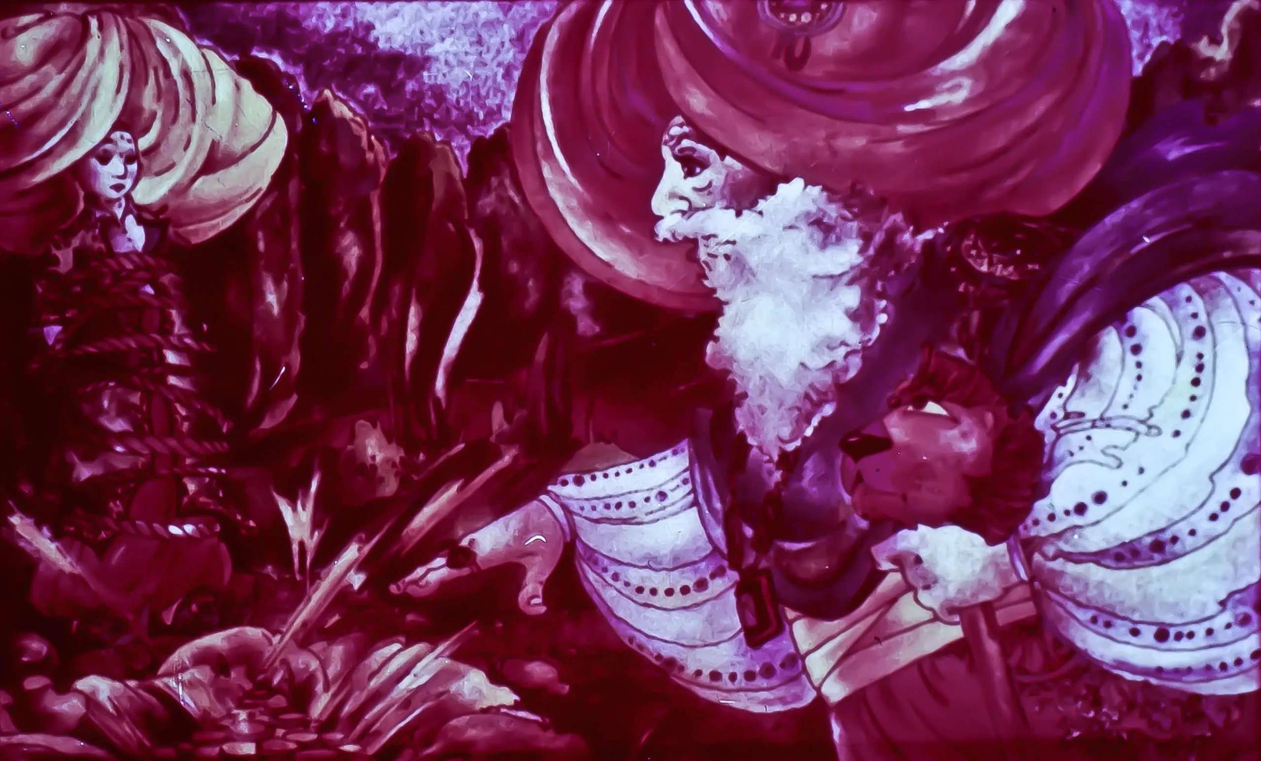 O pictură care ilustrează un bărbat cu un turban mare și o barbă albă, interacționând cu o femeie, amândoi fiind înconjurați de un peisaj vibrant și colorat.