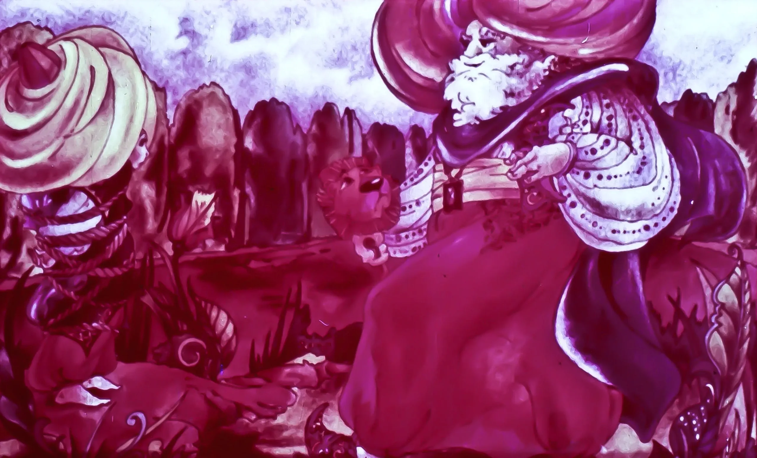 O ilustrație colorată cu personaje fantastice, în care o persoană cu o pălărie mare și un costum elaborat comunică cu o altă creatură într-un peisaj de basm.