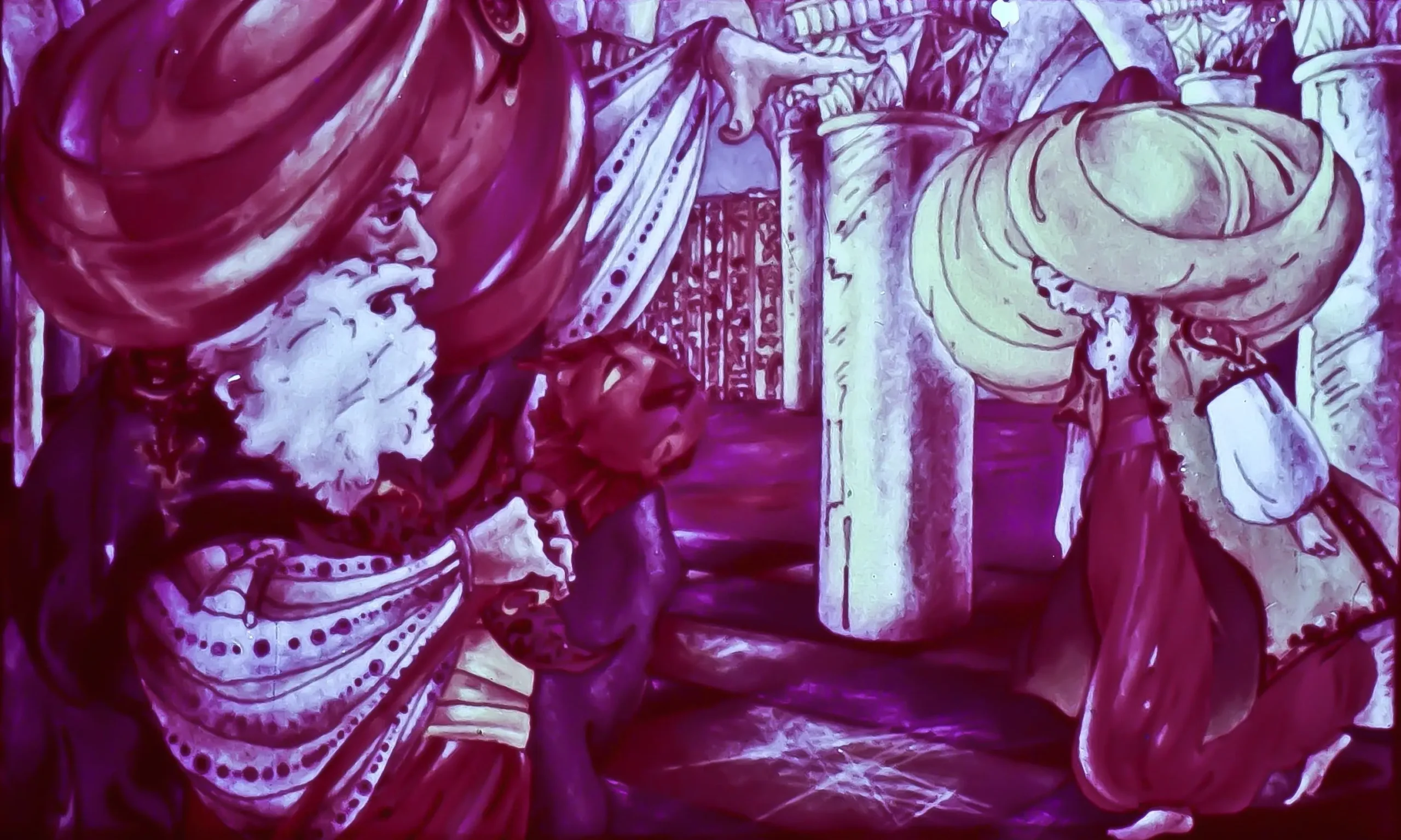 Ilustrație colorată cu două personaje, unul cu o barbă lungă și turban, indicând spre un alt personaj care poartă o pălărie mare, atmosfera fiind vividă și plină de detalii.