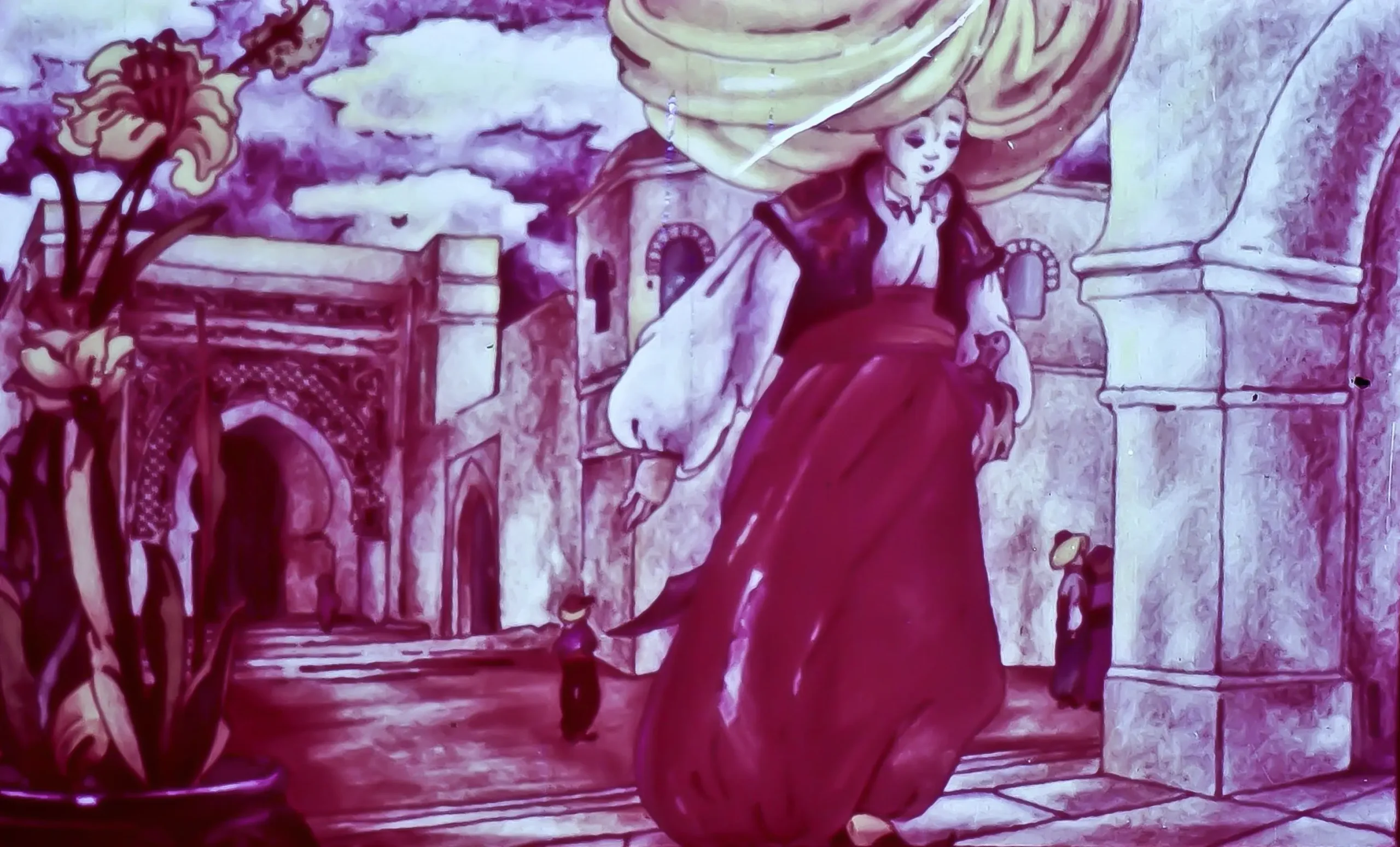 Ilustrație vibrantă cu o femeie îmbrăcată în haine tradiționale, purtând o pălărie mare, care merge pe o stradă dintr-un oraș vechi, înconjurată de clădiri istorice și plante.