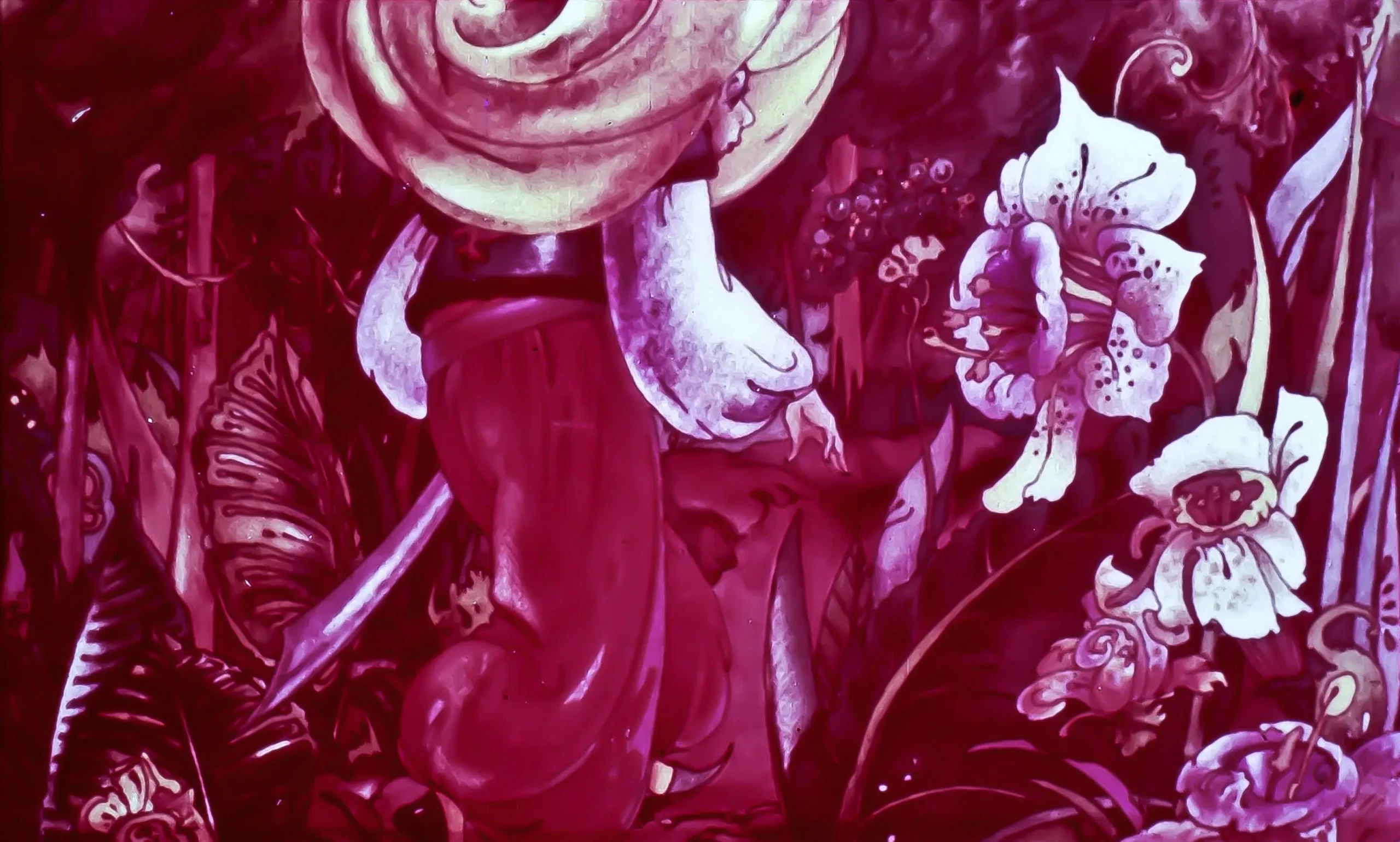 O ilustrație vibrantă cu o persoană îmbrăcată în haine tradiționale, purtând o pălărie mare, care se plimbă printre flori mari și colorate într-un peisaj luxuriant.