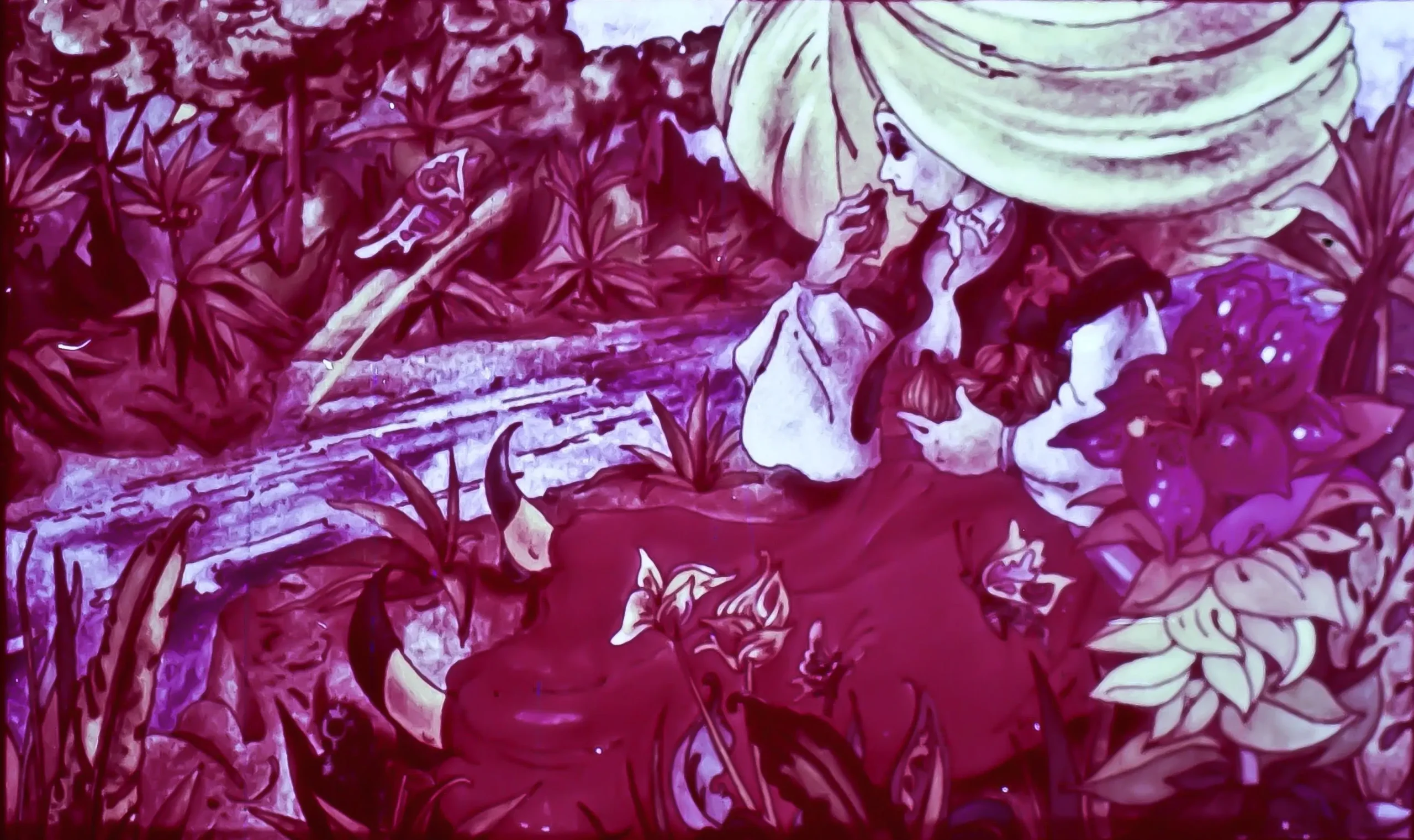 Ilustrație vibrantă cu o femeie așezată pe malul unui râu, înconjurată de flori și vegetație.