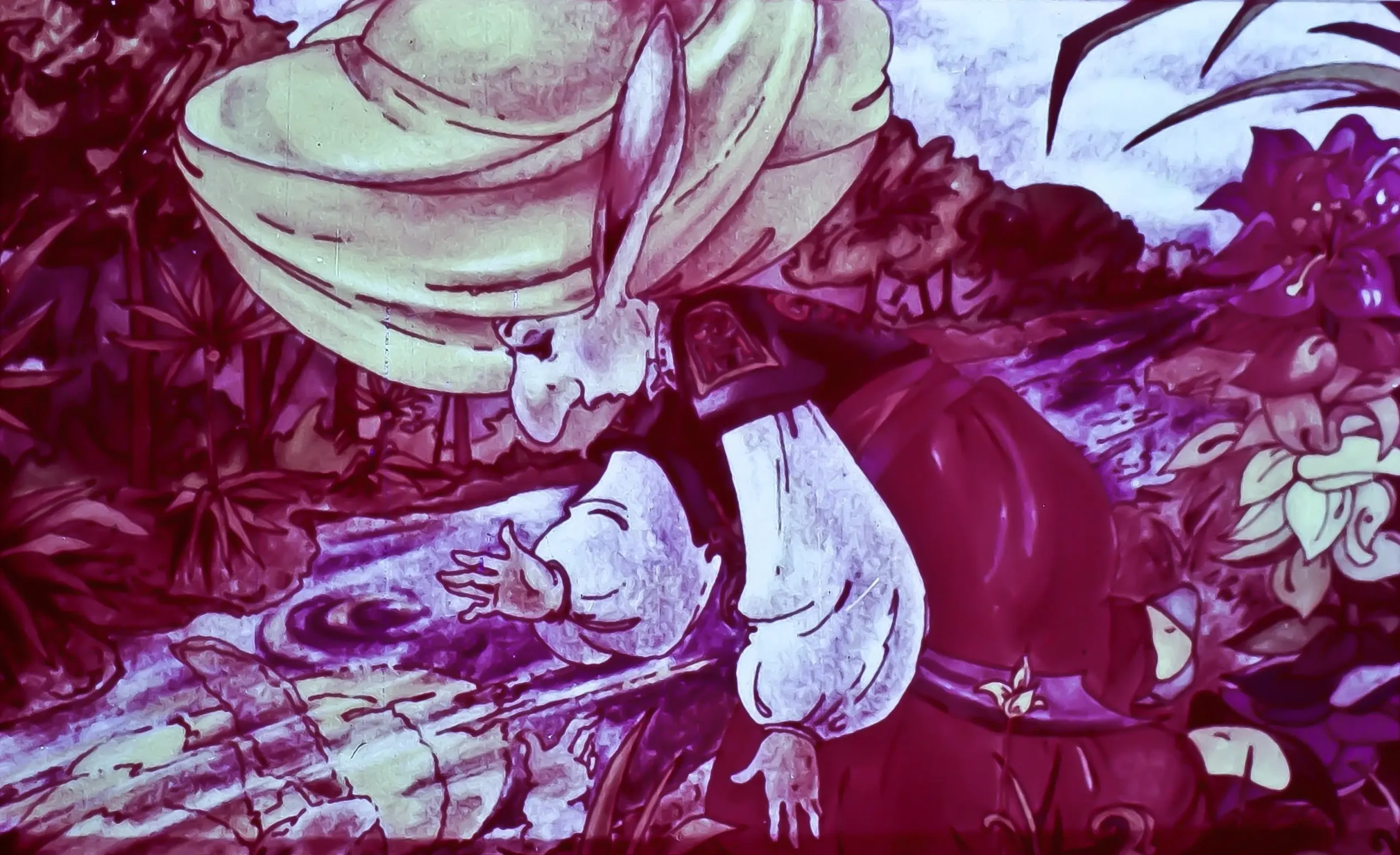 O ilustrație animată care prezintă o figură cu pălărie mare, aplecată peste un râu, înconjurată de vegetație.