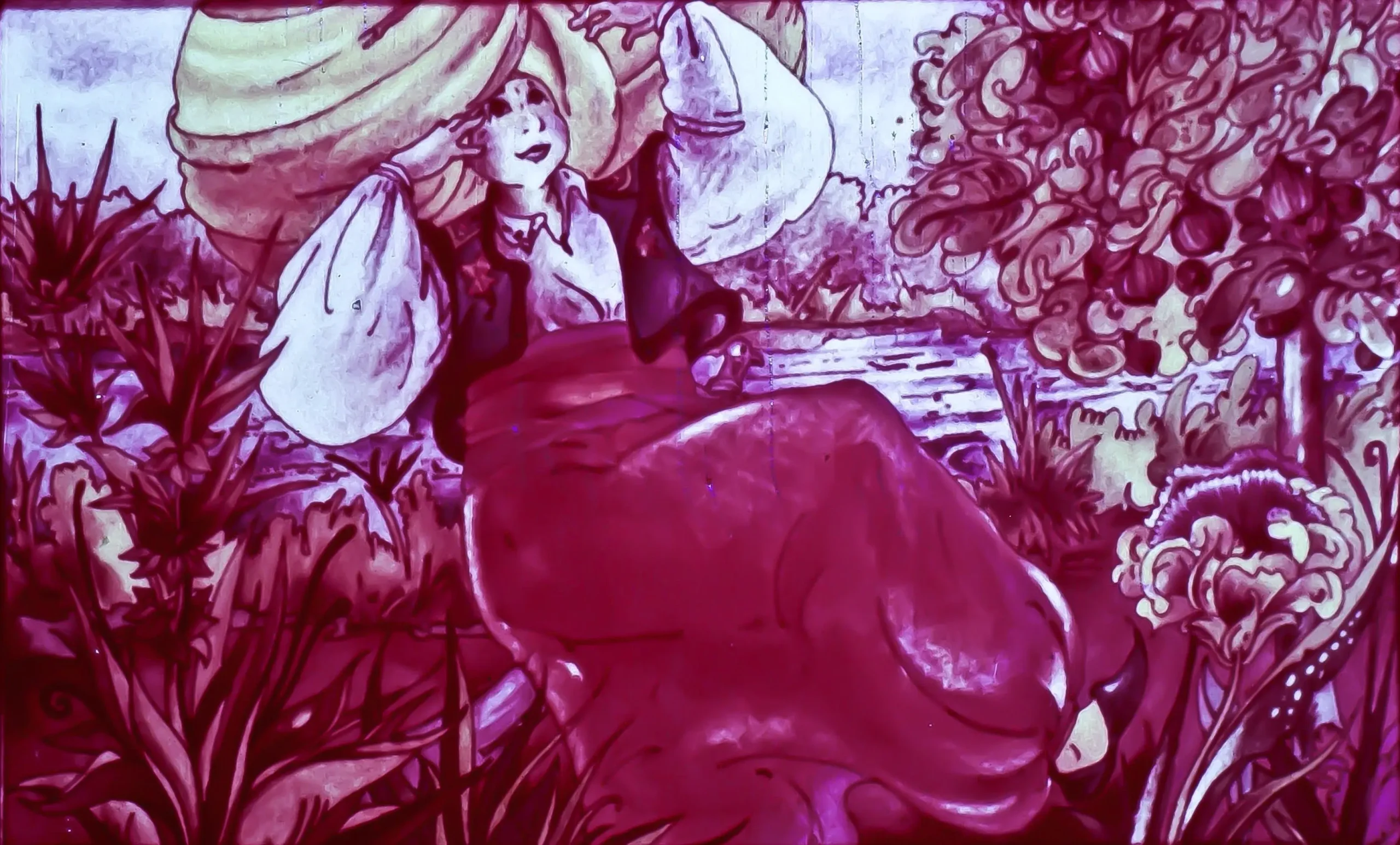 O ilustrație vibrantă cu o femeie îmbrăcată în haine tradiționale, purtând un coș pe cap, zâmbind în mijlocul unei grădini pline de plante și flori.