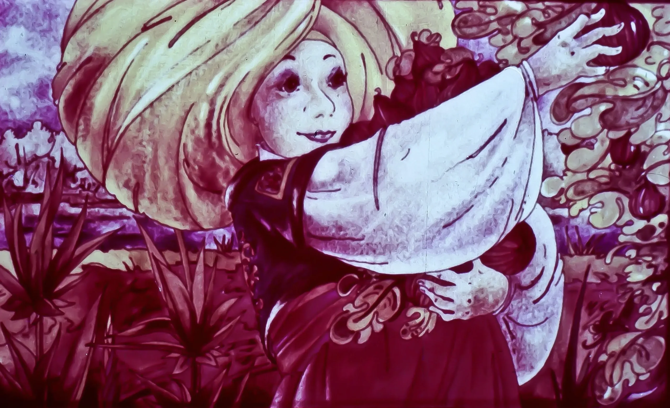 Ilustrație cu o persoană care poartă o pălărie mare, îmbrăcată într-o bluză tradițională, ținând un alt personaj în brațe, în mijlocul unui peisaj natural.