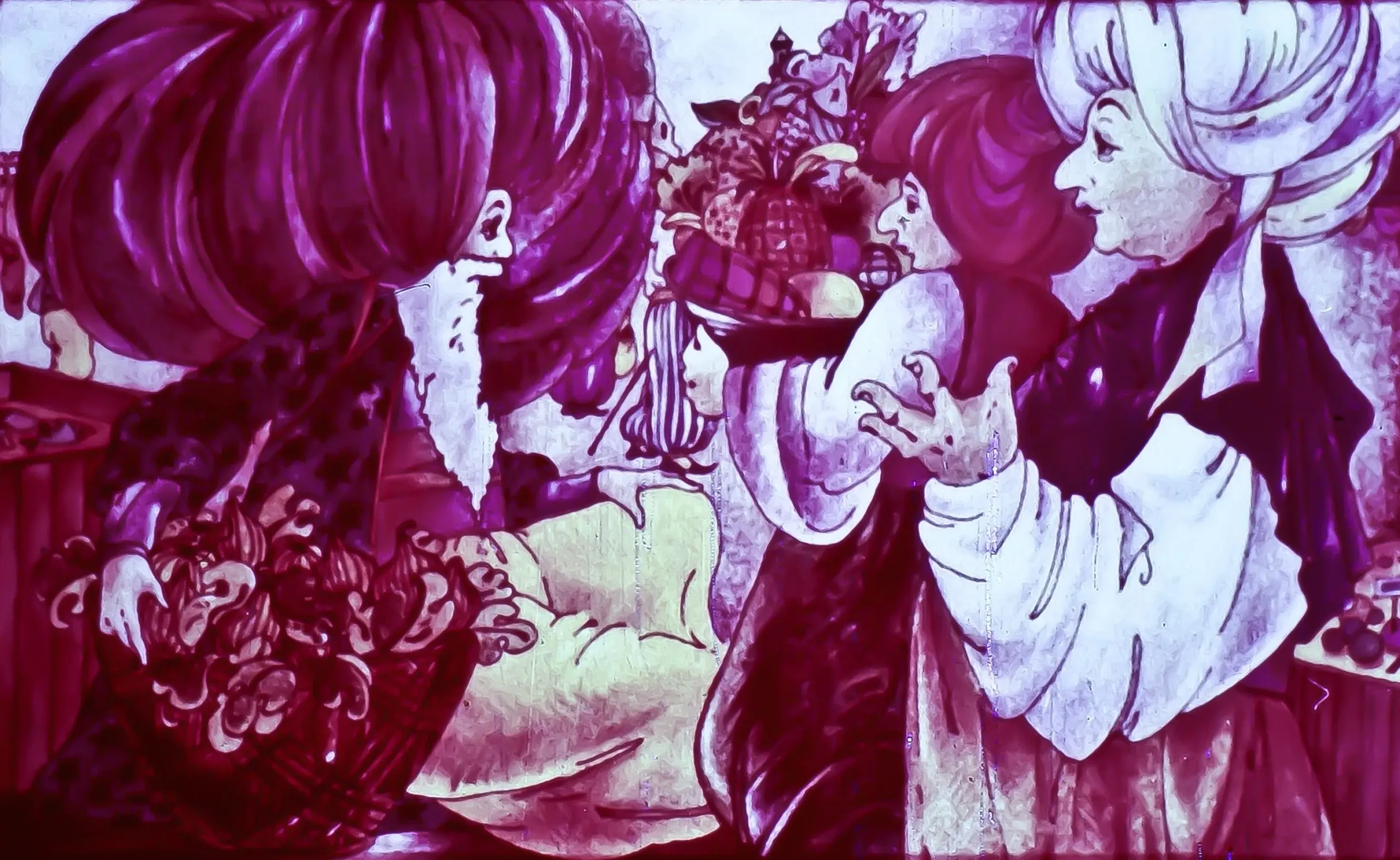 Ilustrație colorată cu mai multe personaje, inclusiv unul cu părul mare și o barbie lungă, care interacționează cu altele, într-o scenă care sugerează o întâlnire socială sau de comerț.