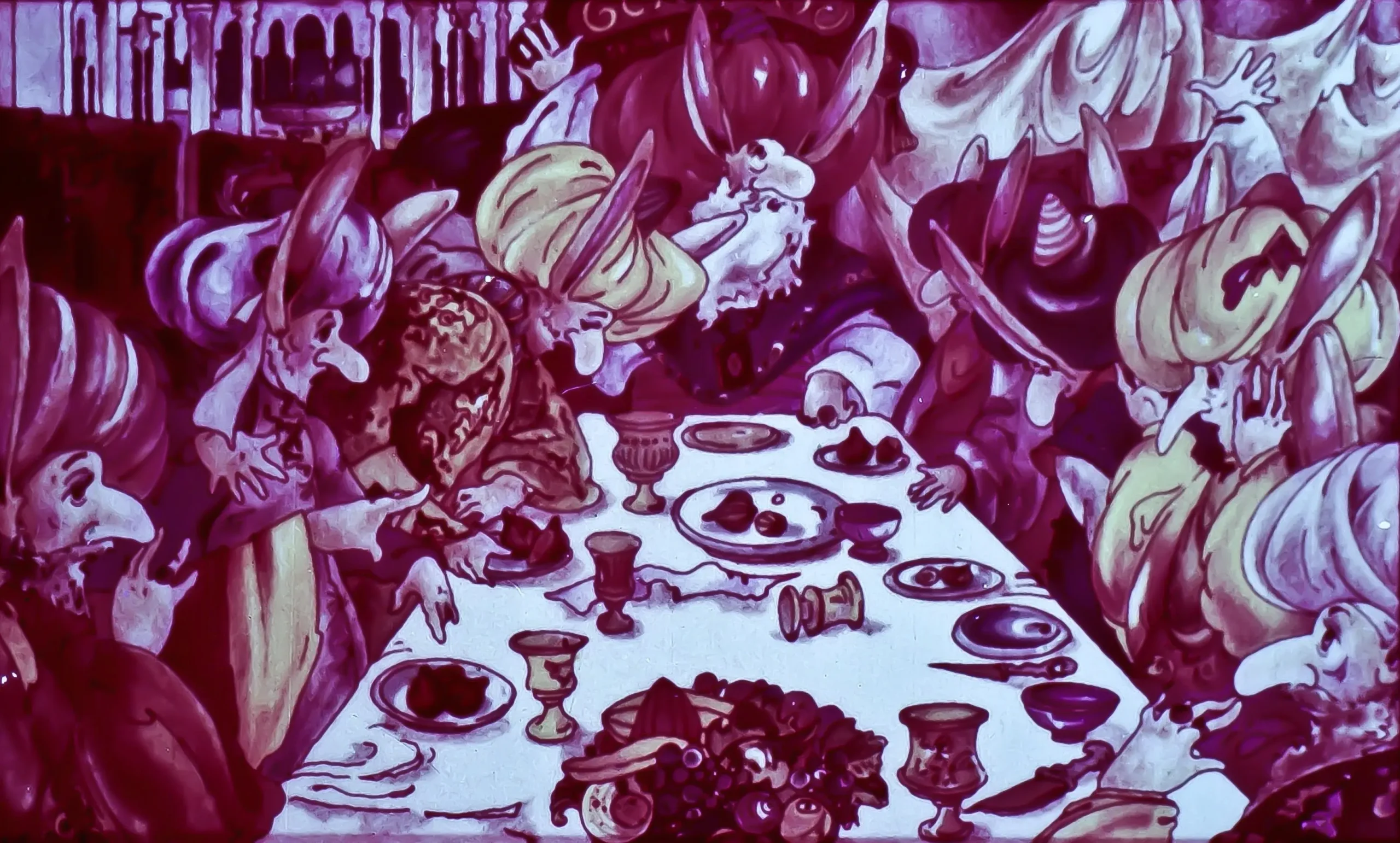 Ilustrație a unei mese festive, cu mai multe personaje îmbrăcate în haine colorate, interacționând în jurul unei mese pline cu mâncare.