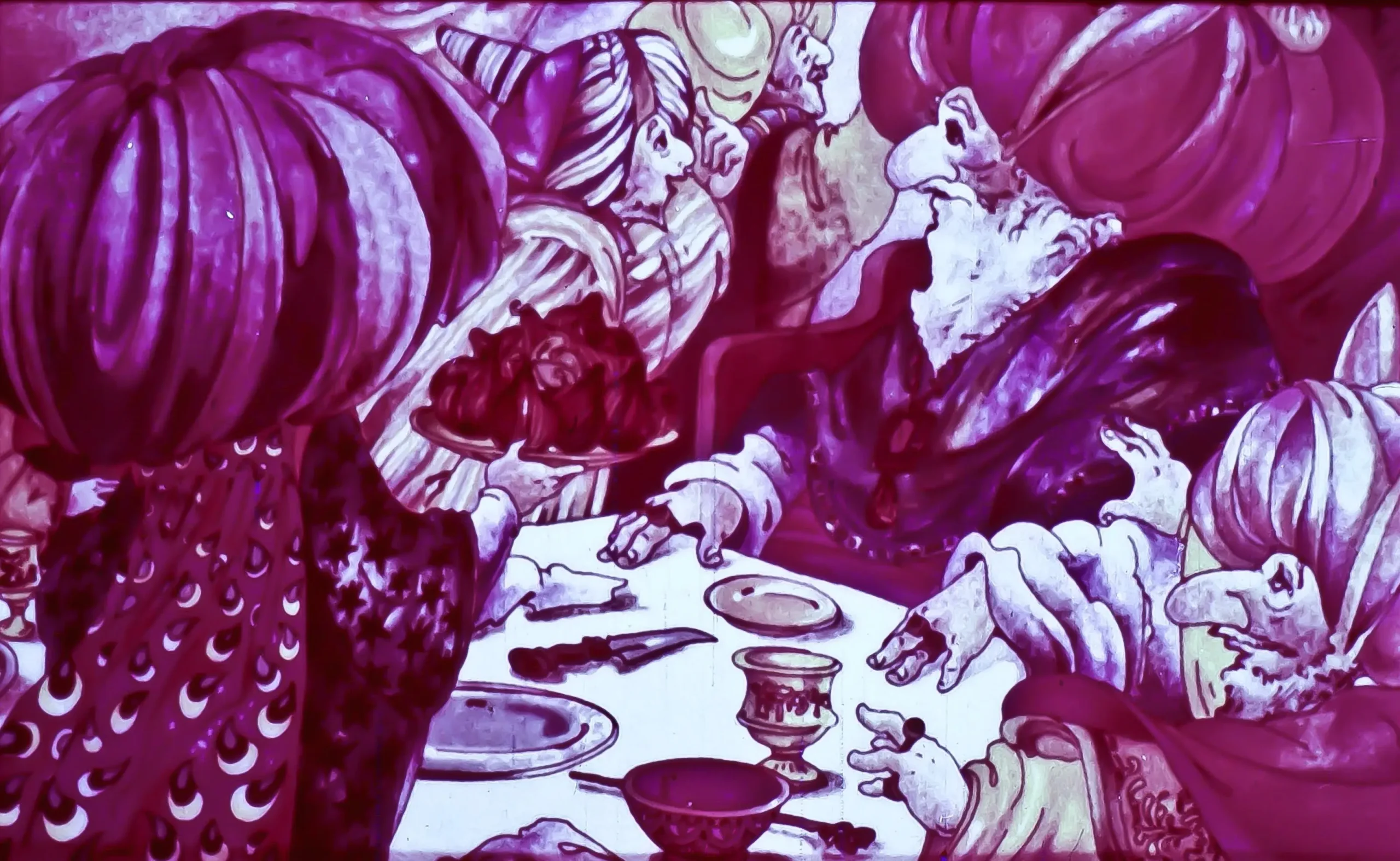 O ilustrare colorată a unei mese cu mai multe personaje fantastice, fiecare având un aspect distinctiv, așezate în jurul mesei, cu diferite mâncăruri și băuturi visibile.