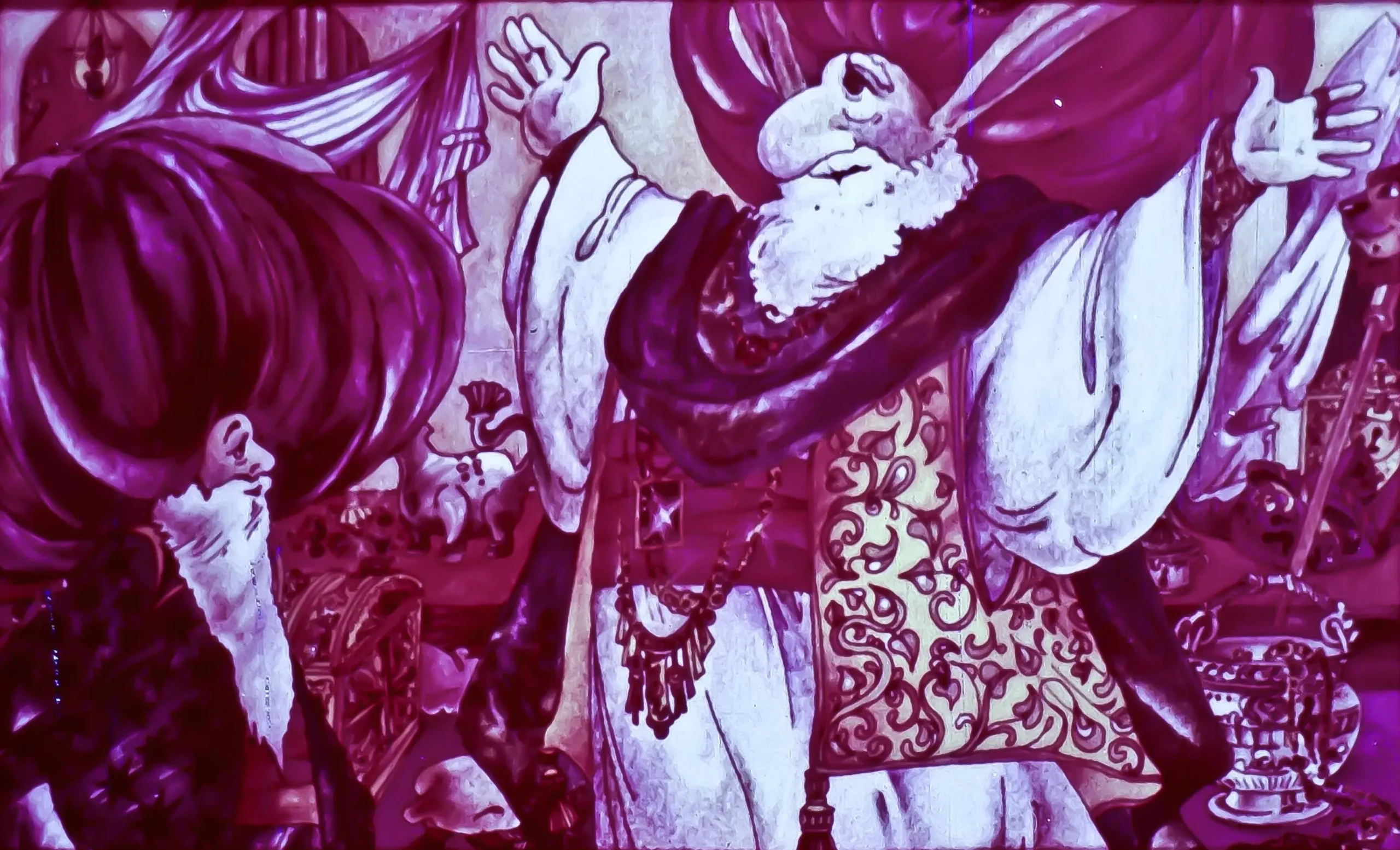 Ilustrație vibrantă cu personaje fantastice în jurul unui cazan, înconjurate de elemente magice.