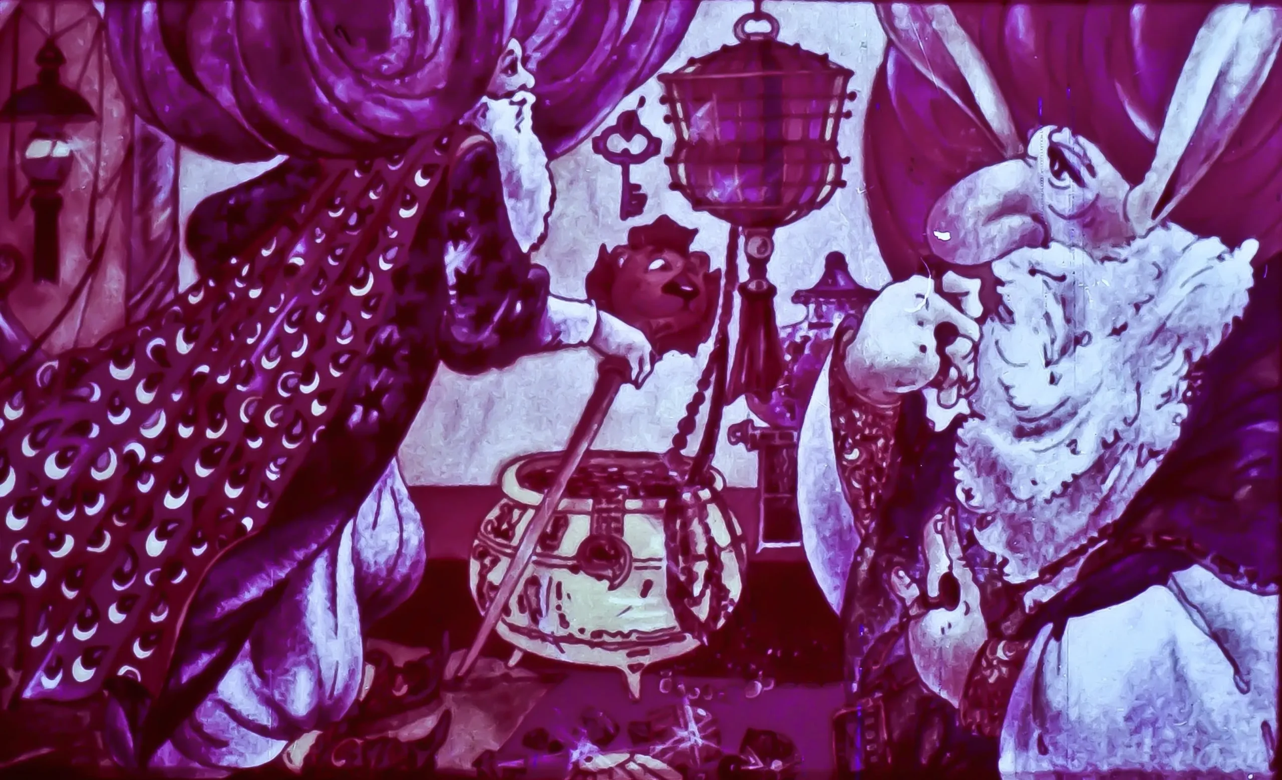 Ilustrație colorată cu personaje fantastice, discutând într-un decor de basm.