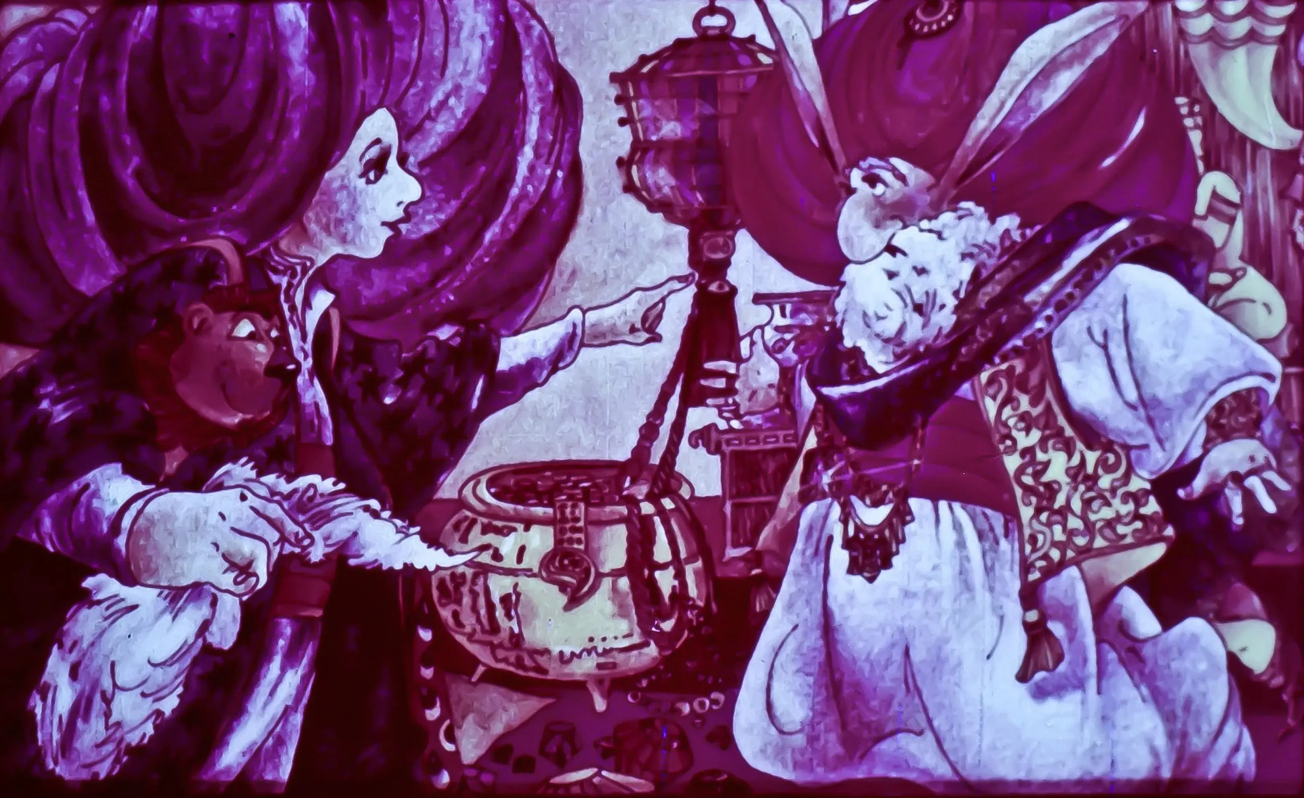 Ilustrație colorată cu un bărbat și o femeie într-o încăpere, având un decor tradițional.