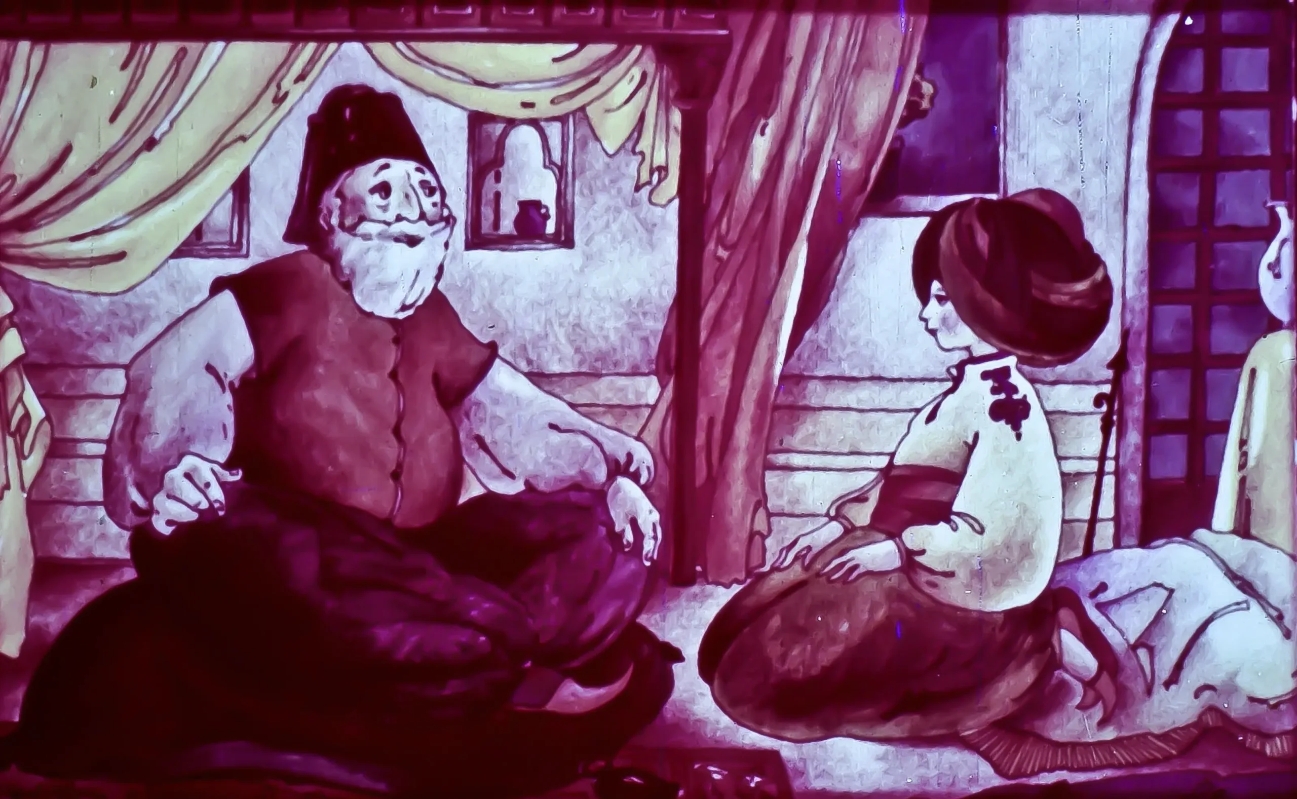 Ilustrație colorată reprezentând patru personaje cu haine tradiționale, întâmpinând o figură feminină cu o coafură mare, într-un peisaj urban.