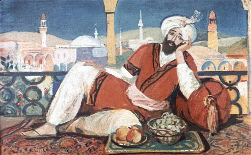 O scenă artistică cu un bărbat îmbrăcat în costum tradițional, relaxându-se pe un covor, cu un comentariu vizual asupra unei peisaj urban cu clădiri și minarete în fundal.