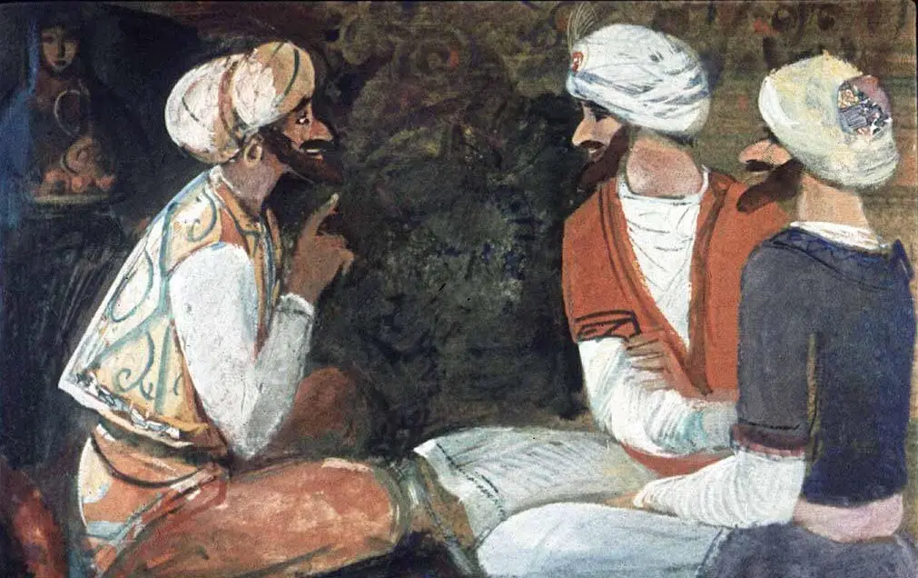 Ilustrație artistică cu trei bărbați purtând costume tradiționale, discuții între ei, într-un peisaj sugestiv.