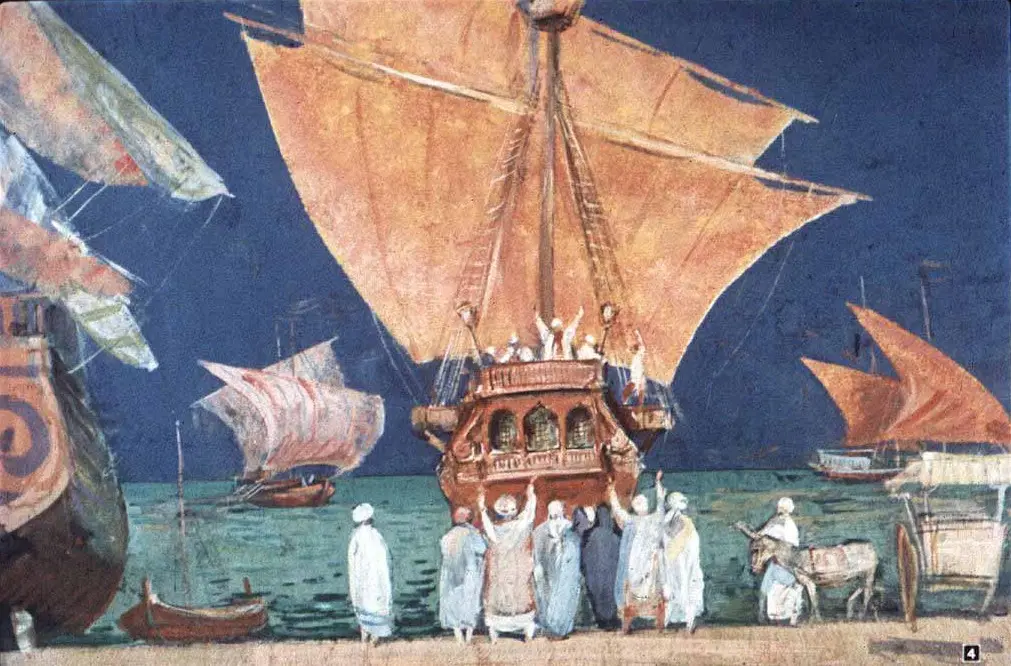 Imagine care ilustrează o scenă maritimă, cu un vas mare cu pânze și alte bărci pe apă, oameni pe mal și un fundal de cer albastru.