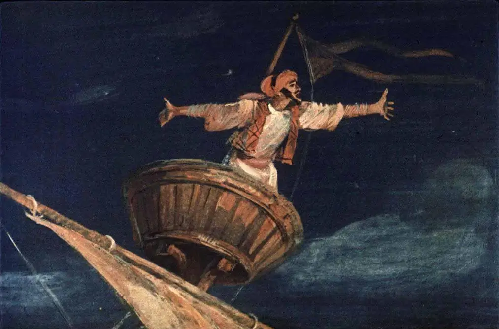Ilustrație cu un personaj pe o nava, cu brațele desfăcute, în mijlocul unui peisaj nocturn.