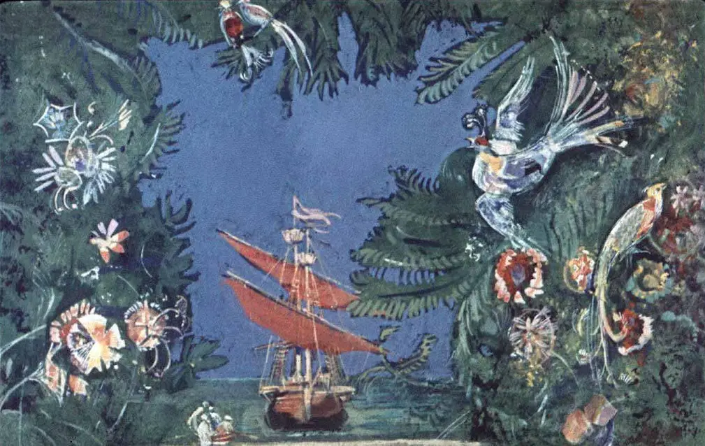 Imagine care ilustrează un peisaj marin cu un vapor cu două catarge în mijloc, înconjurat de plante verzi și păsări colorate.