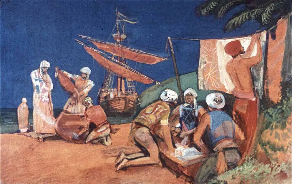 O pictură care ilustrează o scenă de muncă pe plajă, cu mai multe persoane și o barcă pe fundal.