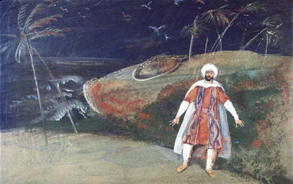 O pictură care prezintă o scenă nocturnă cu un bărbat îmbrăcat într-o mantie tradițională, stând pe un peisaj de coastă cu palmieri și un pește mare în fundal.