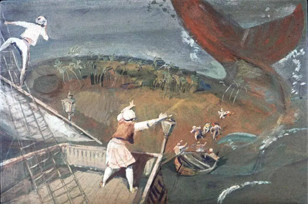 Ilustrație artistică ce prezintă o scenă maritimă cu un balenă, marinari pe o navă și oameni în ape.