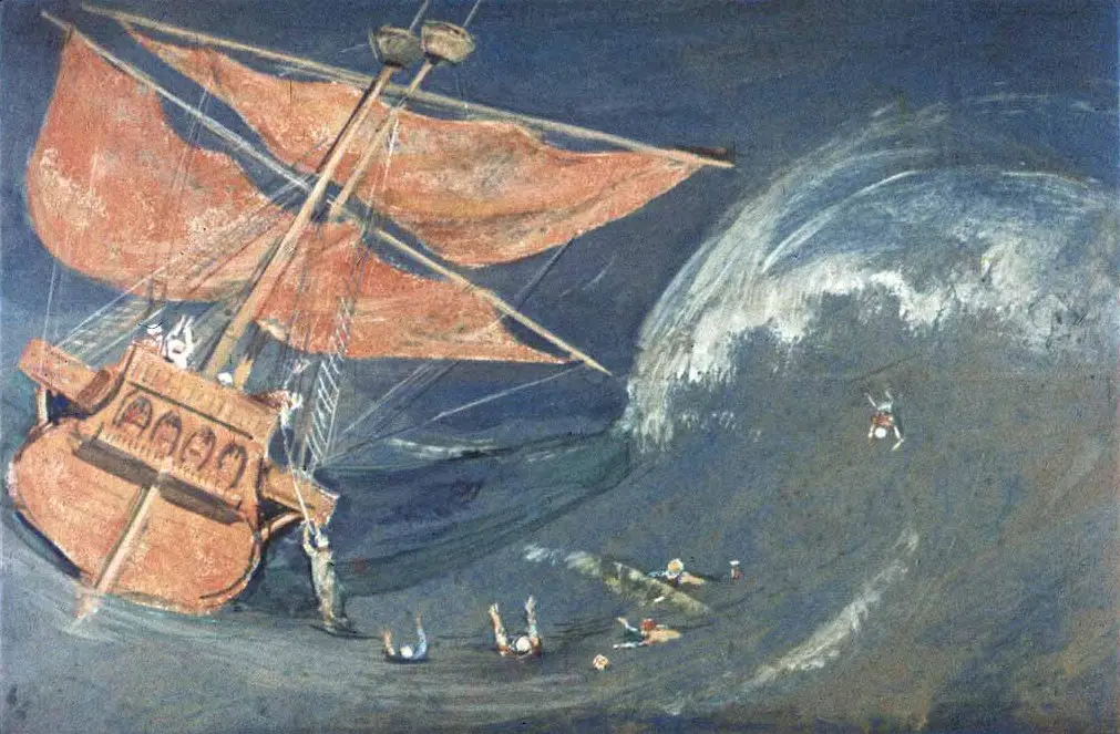 O pictură care ilustrează o navă cu pânze roșii aflată pe o mare agitată, cu câțiva oameni căzând în apă și altele în jurul lor.
