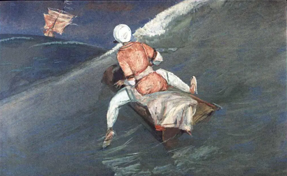 A painting depicting a person riding a surfboard or boat on a wave with a ship visible in the background.