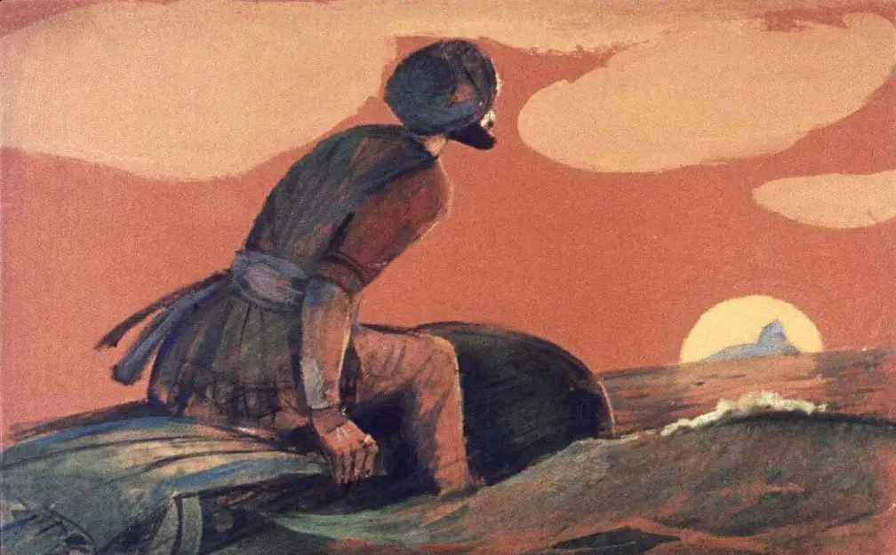 O silueta umană pe un fundal de apus, stând pe un obiect plutitor, cu o mare agitată și nori în fundal.