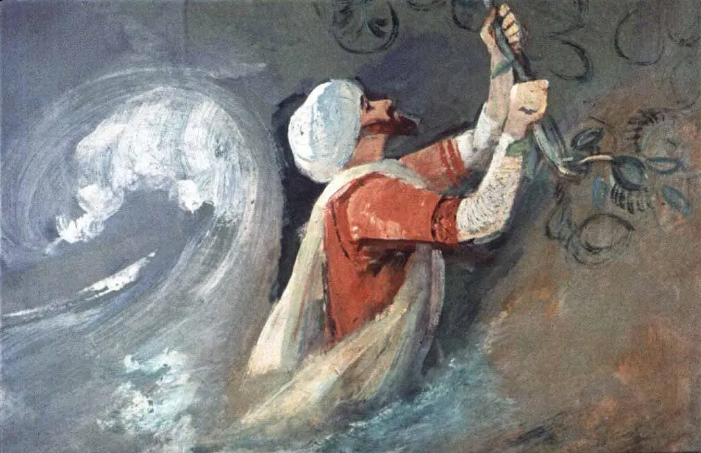 Imaginea prezintă o persoană îmbrăcată într-un costume tradițional, care pare să interacționeze cu un fundal artistic ce include un simbol de val și elemente vegetale.