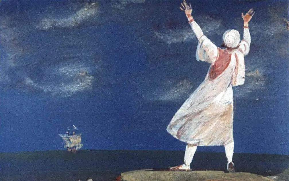 O figură umană îmbrăcată într-o tunică albă, ridicând mâinile spre cer, în fața unui peisaj maritim cu un vapor în depărtare.