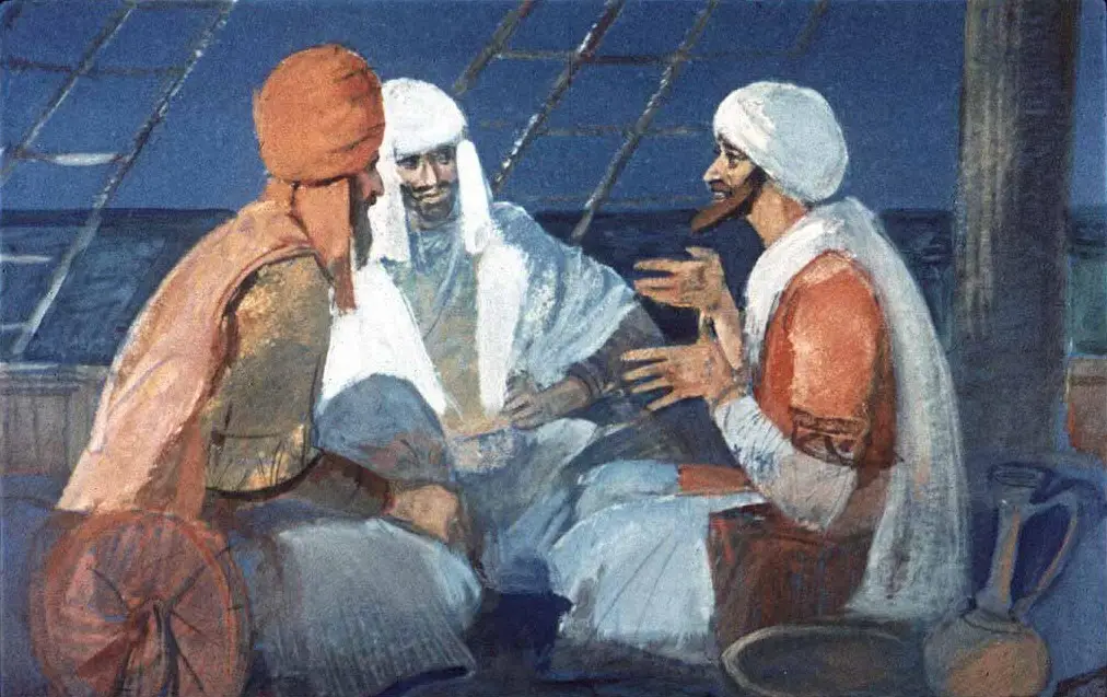 Trei bărbați îmbrăcați în veșminte tradiționale discutând pe o navă, cu un fundal marin.