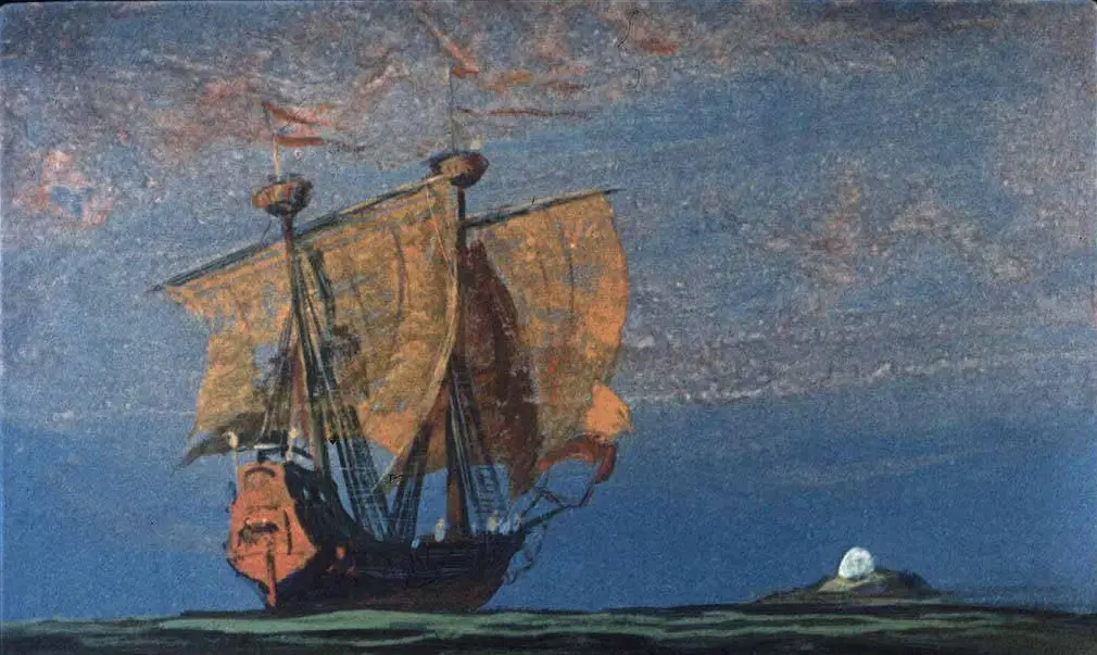 Imaginea unei nave velier cu pânze portocalii navigând pe apă, în fundal un cer albastru și câteva nori.