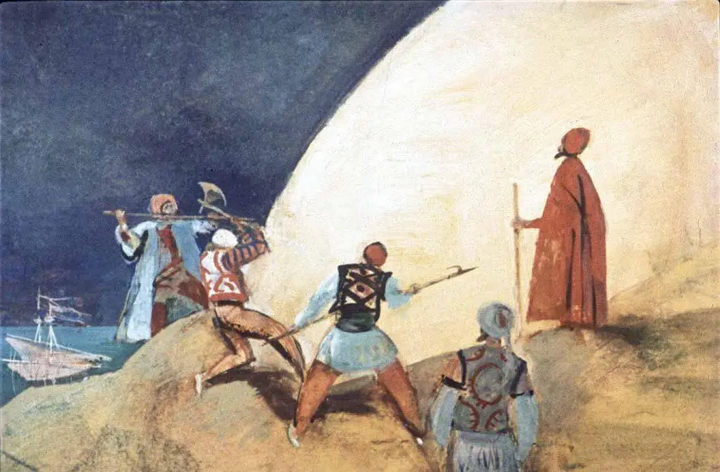 Pictură care ilustrează un grup de persoane îmbrăcate în costume tradiționale, pe un fundal luminos, cu o navă vizibilă în stânga.